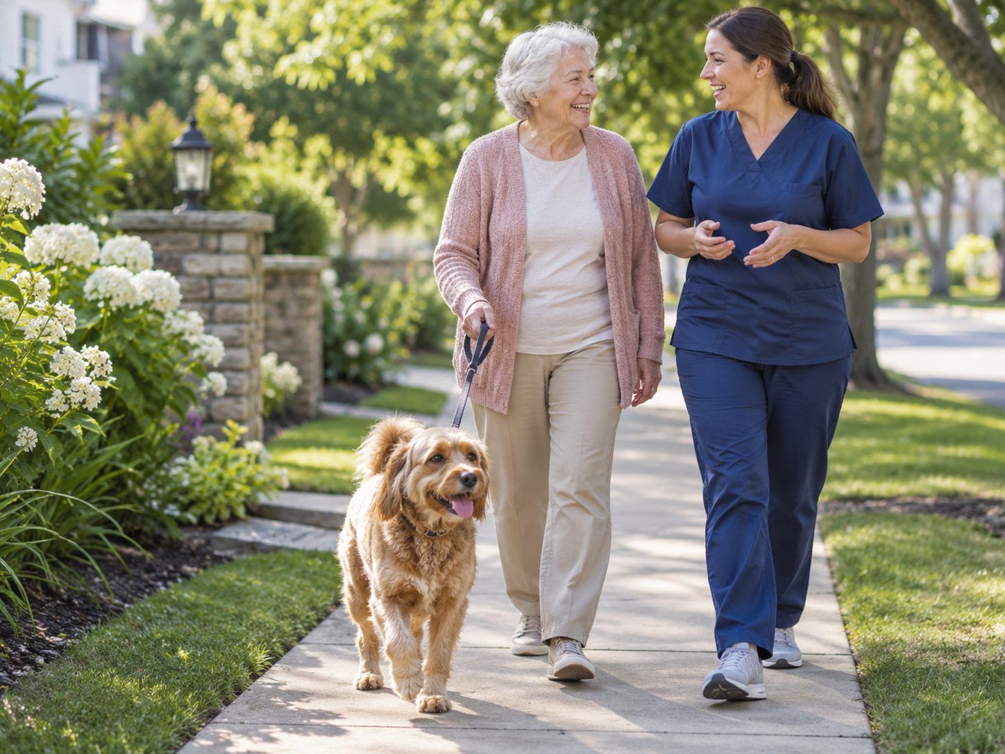 A caregiver and a smiling older woman walk a fluffy dog along a tree-lined neighborhood sidewalk