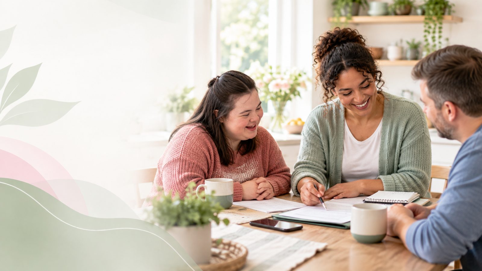 Three people sit at a sunny kitchen table going over a written plan with coffee mugs and a notebook