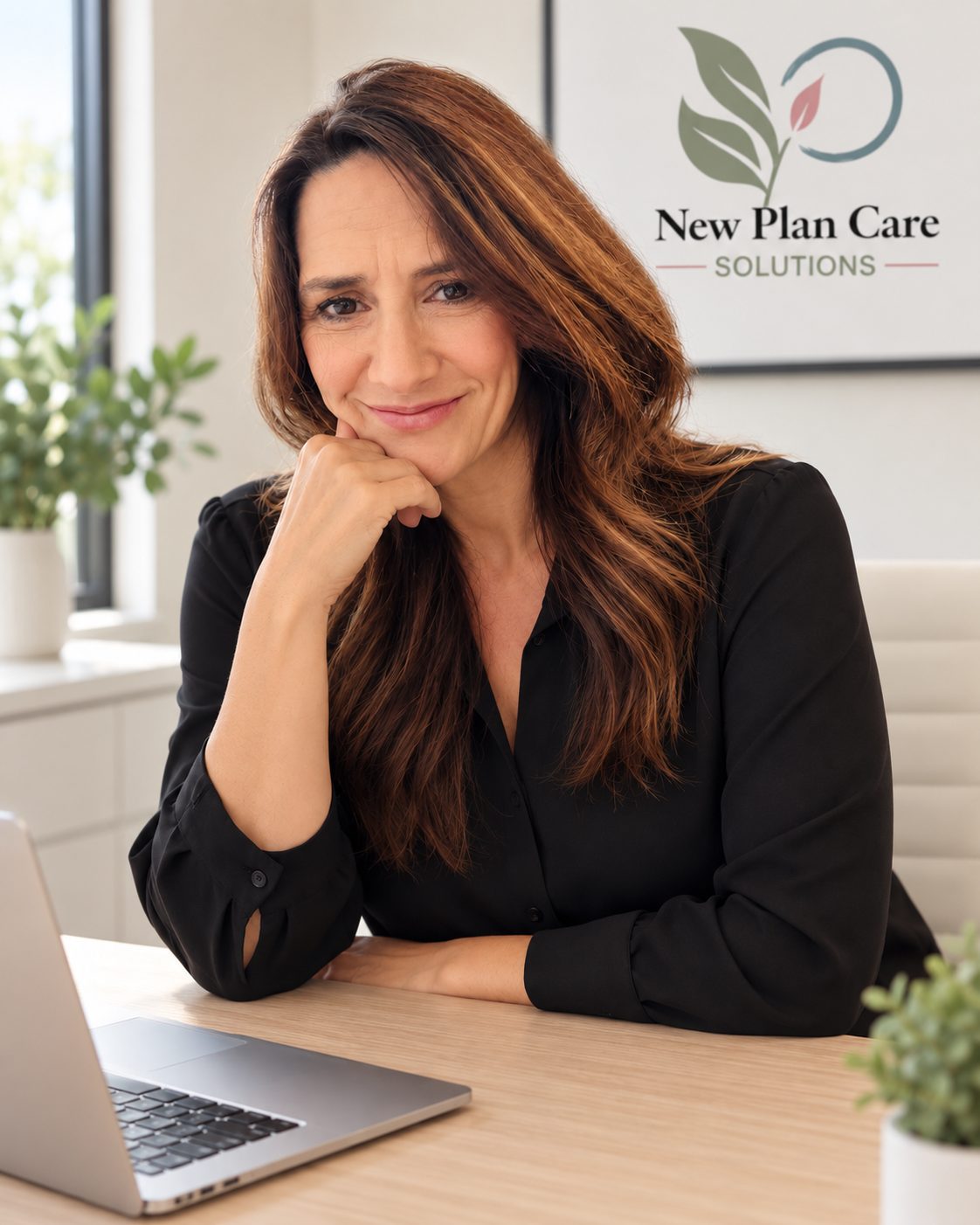 Stacie Postol, owner and operator of New Plan Care Solutions, seated at her office desk beside a laptop